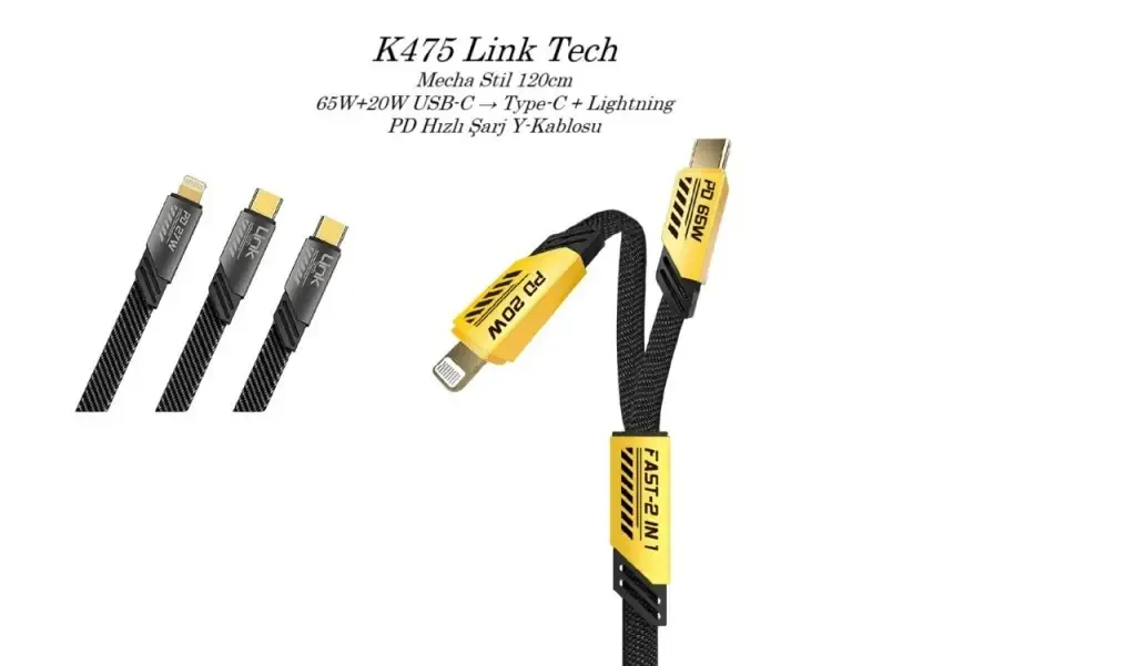 Linktech K475 Mecha Stil 120cm 65W+20W USB-C → Type-C + Lightning PD Hızlı Şarj Y-Kablosu